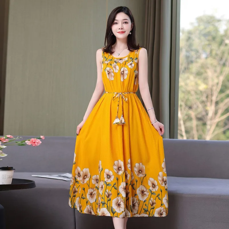 

New Hot Fashion Casual 2023 Summer Dress For Women Print Loose O Neck Cotton Women Clothing Sleeveless Dresses Plus Size