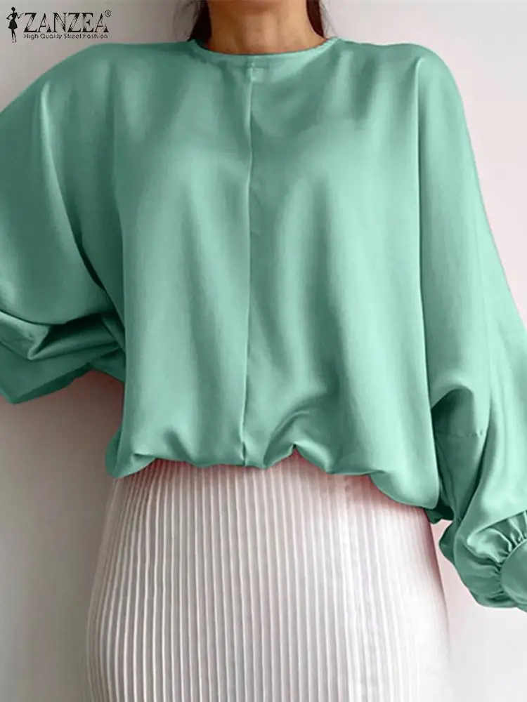 

Women Lantern Sleeve Shirt ZANZEA Korean Fashion Satin Blouses Casual Round Neck Seamed Tops Elegant Solid Color Versatile Blusa