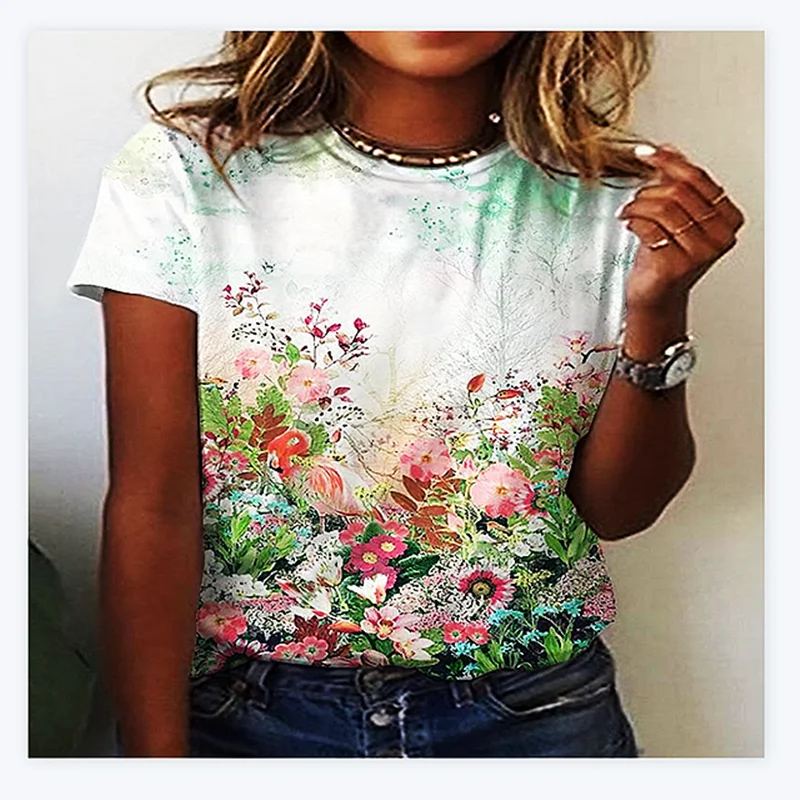 

2022 New Women's Casual Crew Neck Shirts Summer Tee Short Sleeves 3D Printing Polyester T Shirts Floral Hot Sale