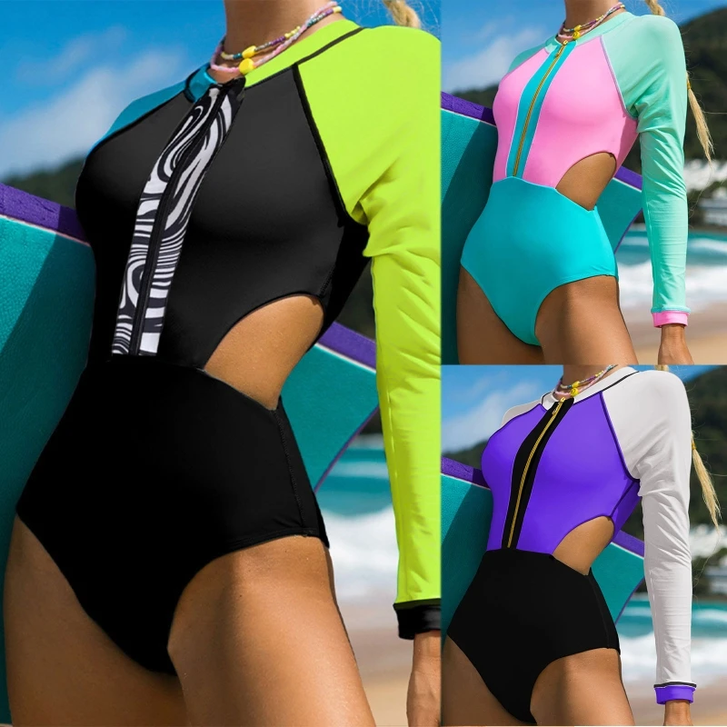 

Patchwork One Piece Swimsuit Long Sleeves Swimwear Women O-neck Monokini Cut-out Swimming Suit Bathing Suit Zipper