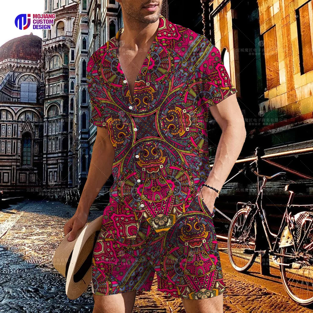 2023 Hawaiian Shirts Men Fashion Floral Geometric Print Shirts Single Breasted Beach Short Sleeve Tops Mens Vacation Wear