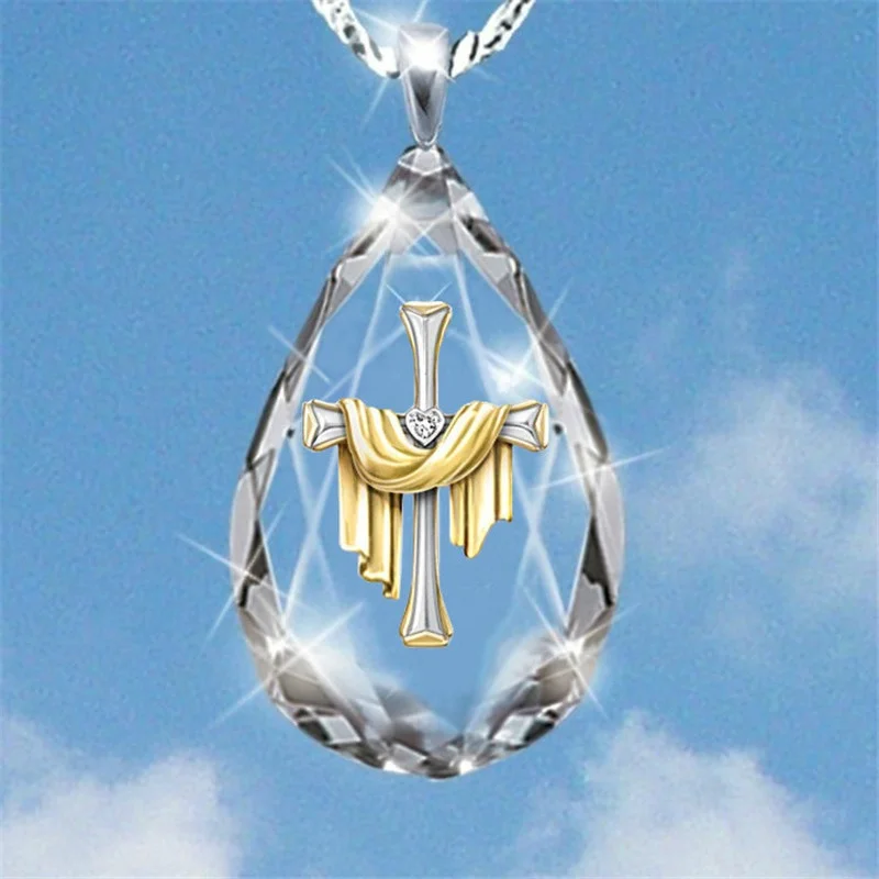 

Religious Crystal Cross Necklace Heaven Step Pendant Fashion Jesus Bicolor Necklace