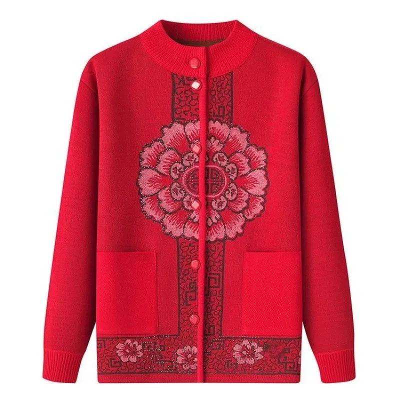 Женский зимний Кардиган среднего и пожилого возраста вязаный утепленный свитер