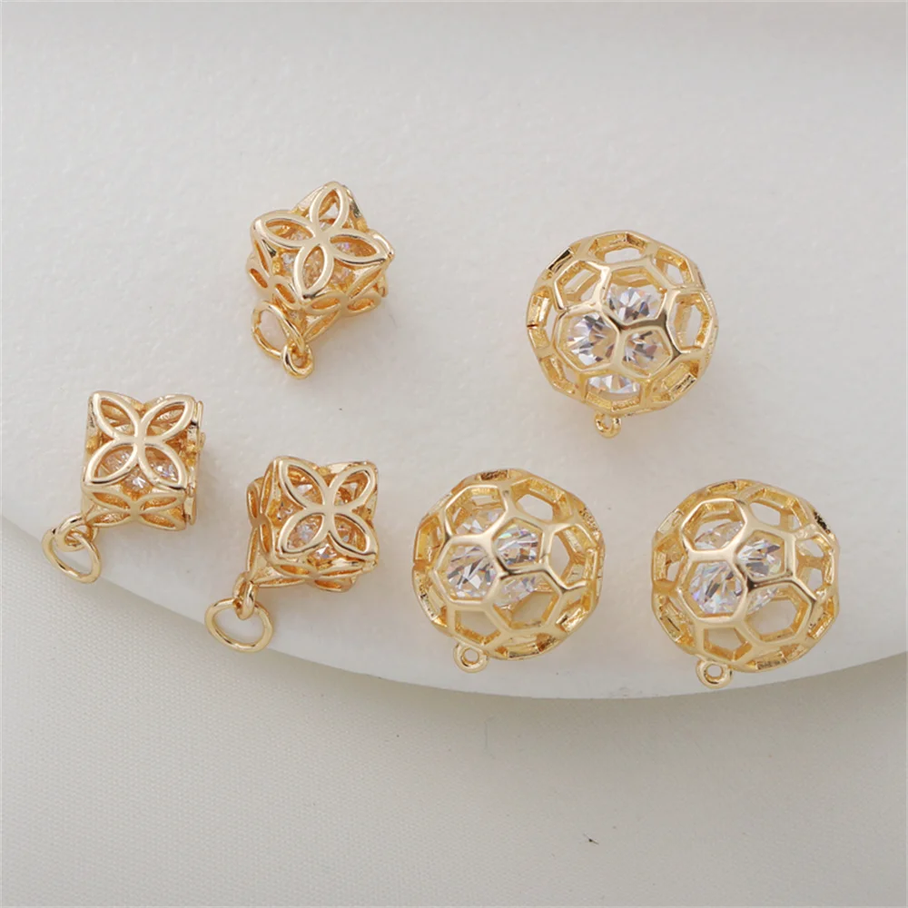 

14K gold Bao color large heart hollow zircon flexible 14mm ball DIY jewelry pendant beads hanging accessories