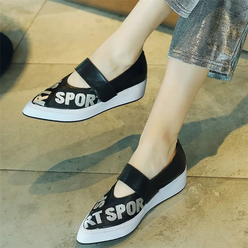 

Loafers Shoes Women Hook Buckle Genuine Leather Wedges Platform Pumps Female Shallow Pointed Toe Fashion Sneakers Casual Shoes