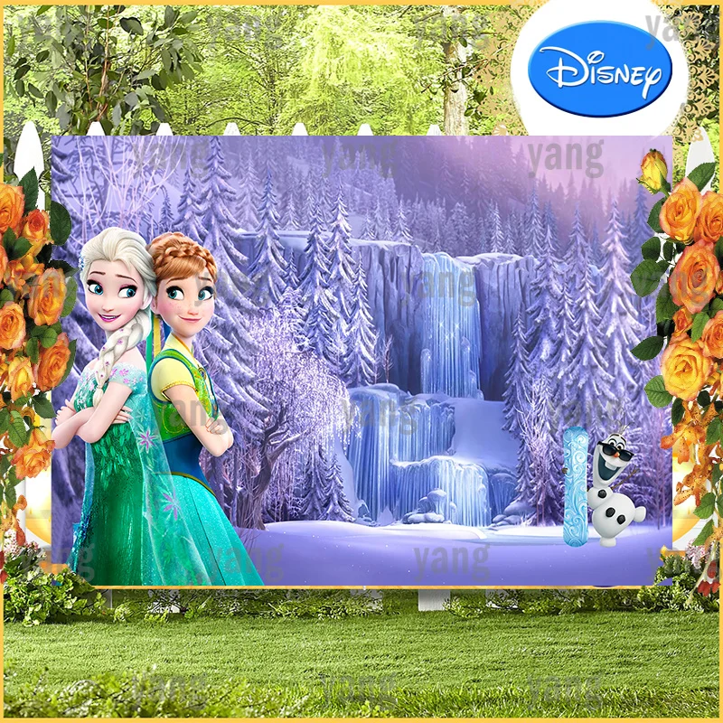 

Disney Cartoon Cute Olaf Frozen Princess Elsa Anna Snowflake Birthday Party Ice Forest Purple Backdrop Photography Background