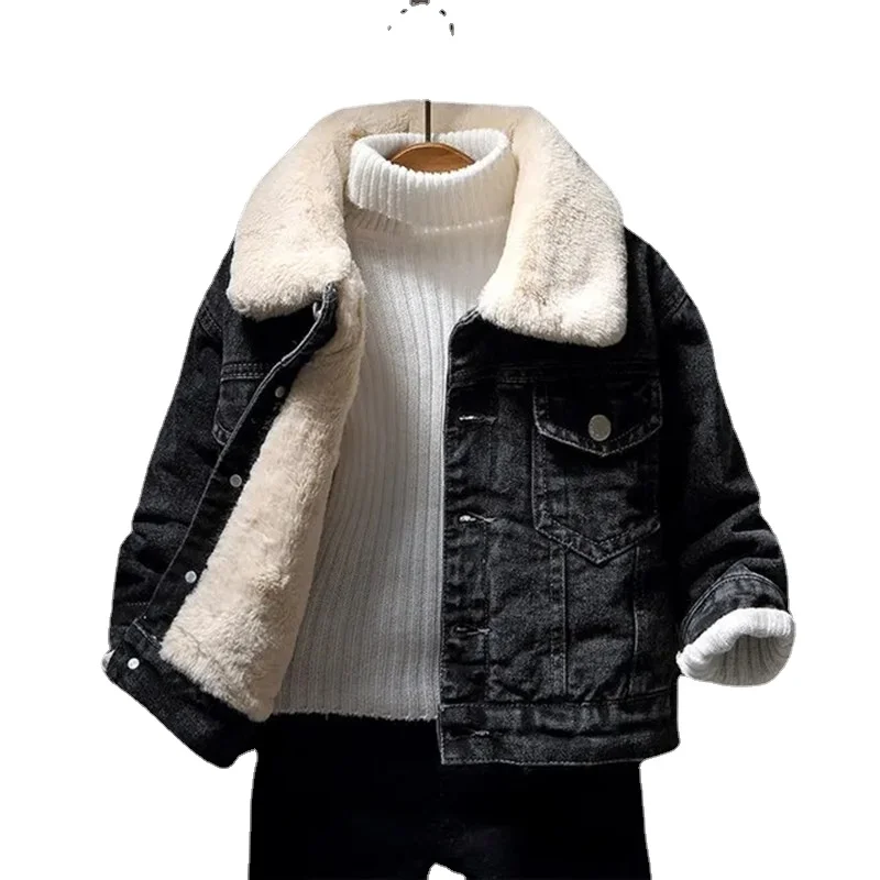 

Teen Boys Girls Autumn Winter Fleece Warm Denim Jacket Big Boys Fashion Letter Print Coat Children's Clothes Tops 1-7 Years Old