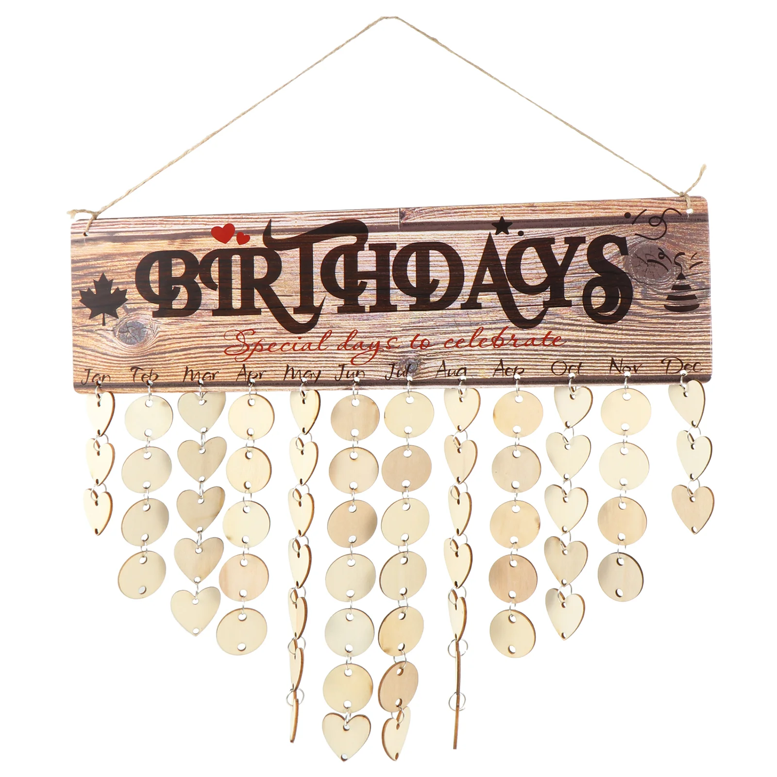 

Large Family Birthday Reminder Wooden Board Calendar 40x12cm Wall Hanging DIY Signs Plaque with Wood Heart Circle Tags
