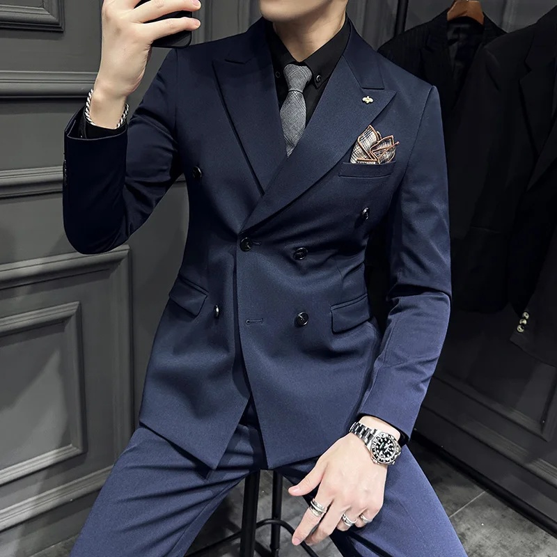

S-7XL (Blazer+ Vest + Pants) Men's Fashion Gentleman Double Breasted Casual Business Korean Version Repair Wedding Work 3-piece