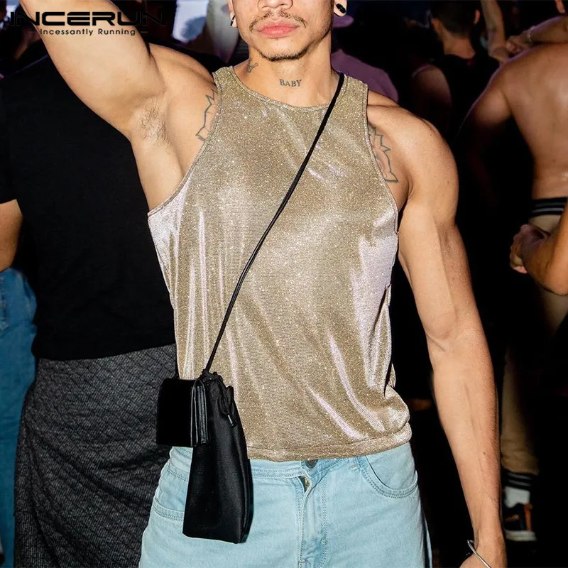 

INCERUN Tops 2023 American Style New Men's Flash Fabric Comfortable Tank Tops Casual Streetwear Party Holiday Hot Selling Vests