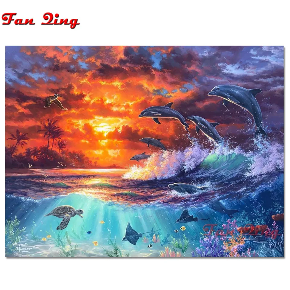 

3d Алмазная живопись, дельфин, закат, мозаика, картины своими руками, искусственная волна, морской пейзаж, полная вышивка 5D, наборы для вышивк...