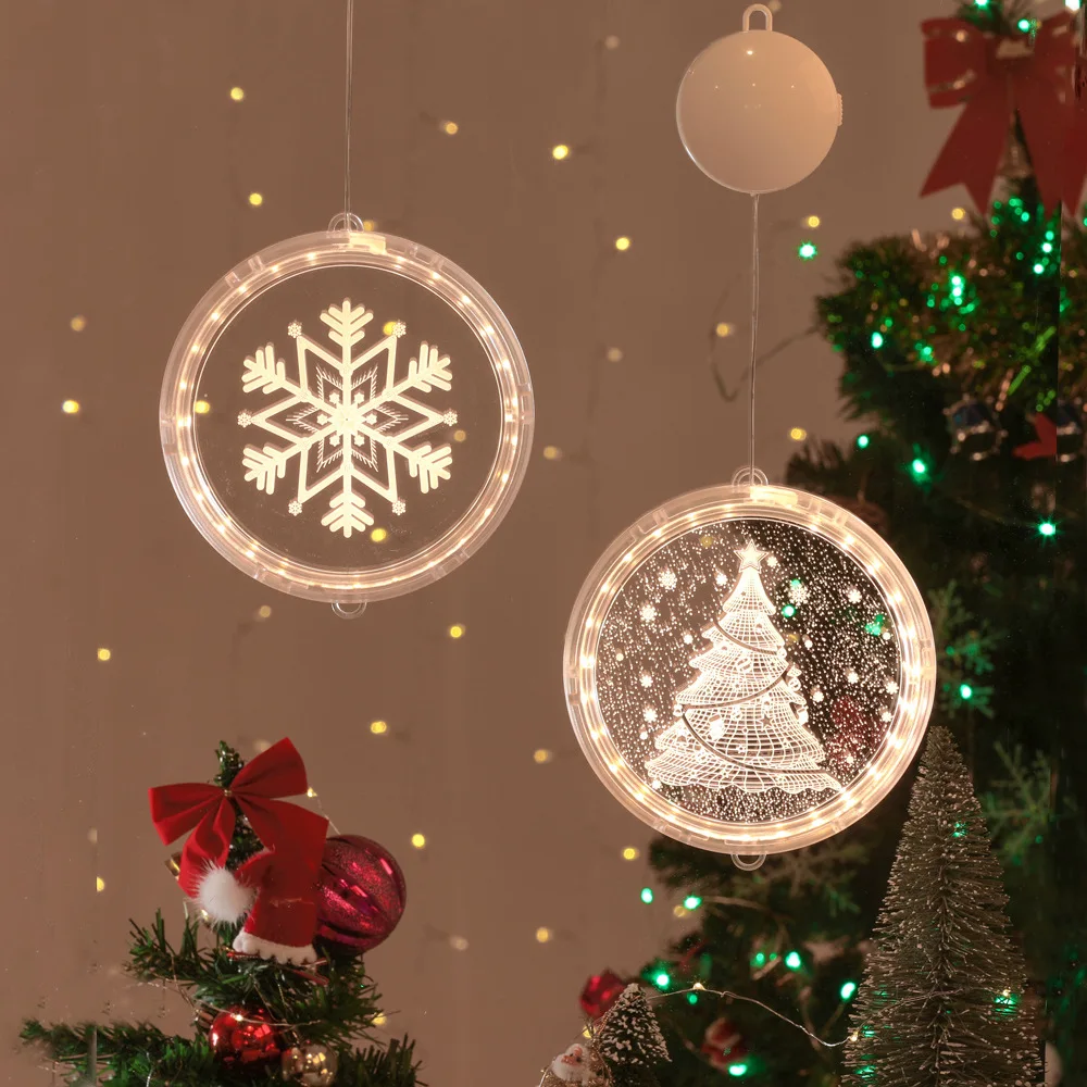 

Christmas Round Border Light String 3D Hanging Light LED Pine Snowflake Elk Battery Lantern Window Home Decoration Accessories