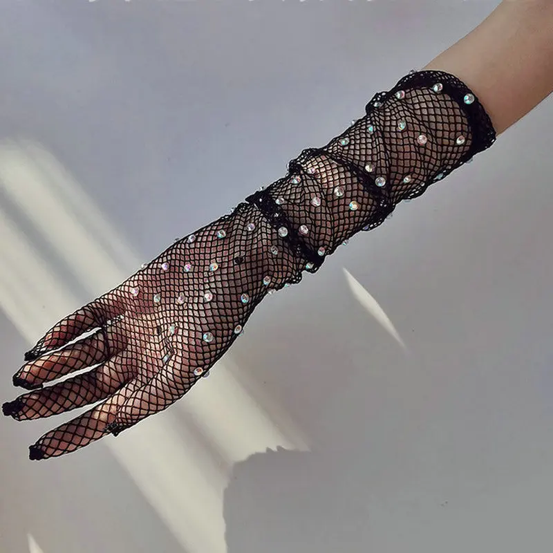 

Sexy Diamonds Hollow Fishnet Gloves Fashion Colored Flash Drill Mesh Music Festival Nightclub Punk Hiphop for Women Gloves