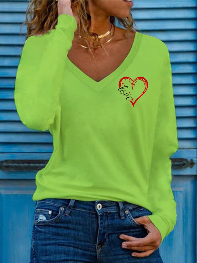 

Fashion Love Printing Loose Blouse Early Spring Long Sleeve Pullover Shirt Streetwear Casual V Neck Women All-match Top Blusa