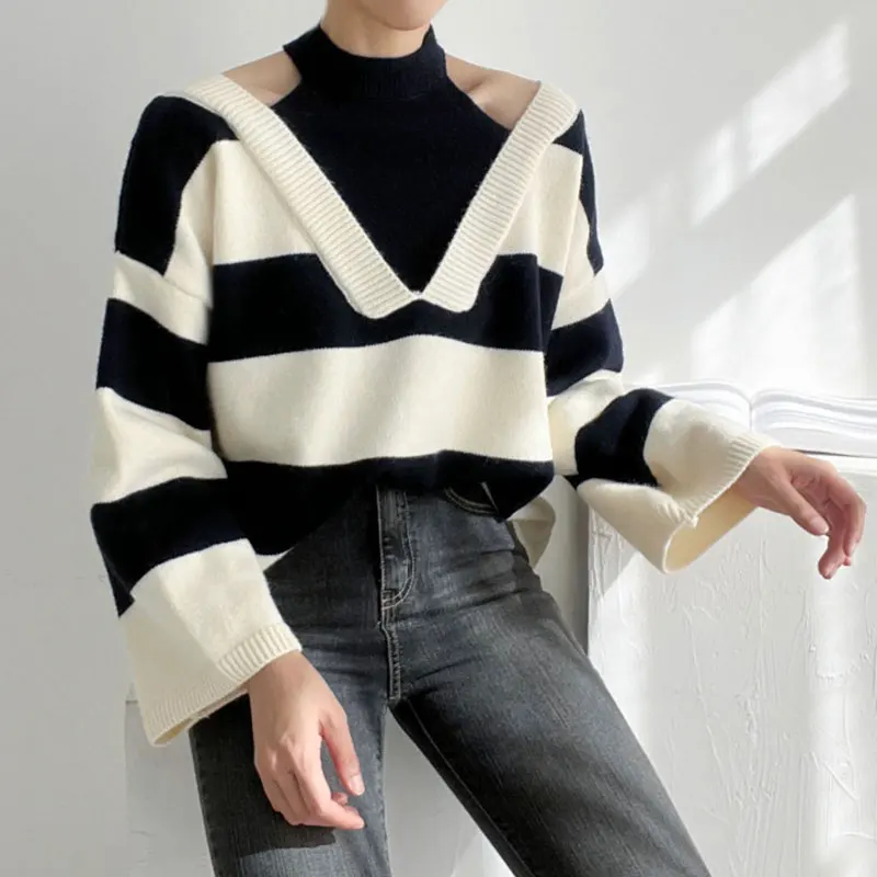 

Fake Two Piece Korean Fashion Halter Woman Pullover Off Shoulder Sweater Women Patchwork Colorblock Striped Long Sleeve Knit Top