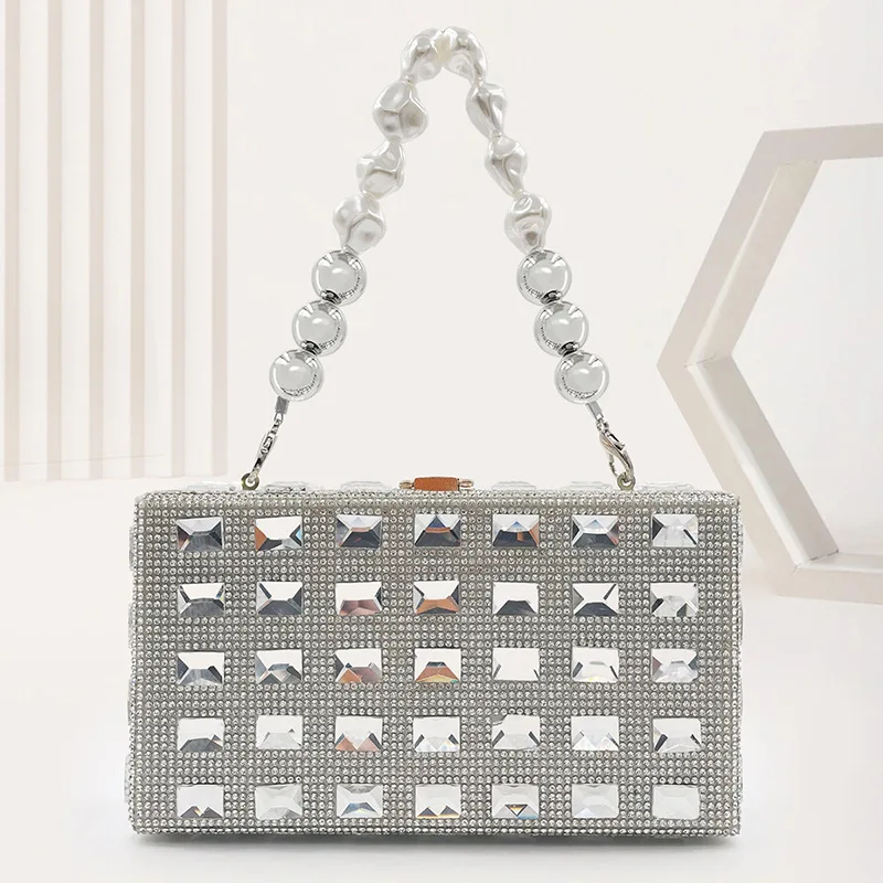 Ladies Handbags Clear Sweet Rhinestone Small Square Women's Banquet Pu Dinner Bag