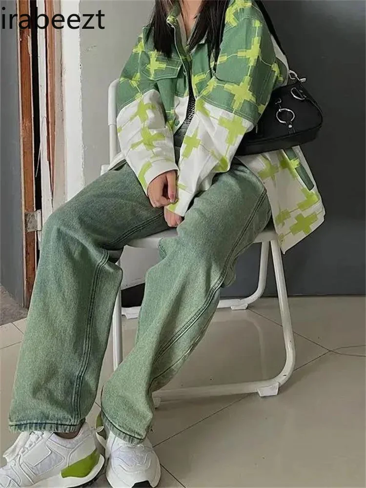 

Брюки Irabeezt мужские/женские прямые свободные с широкими штанинами, зеленые джинсы в стиле пэчворк, корейская мода, весна-осень 2022