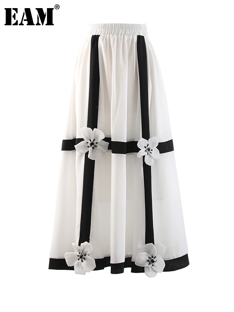 

[EAM] High Elastic Waist Black Flower Nailed Long A-line Half-body Skirt Women Fashion Tide New Spring Autumn 2022 1DE8745