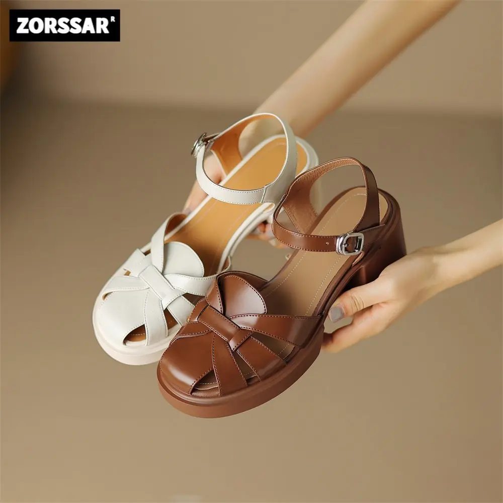 

2023 New Women's Shoes Summer High Heels Roman Sandals Genuine Leather Buckle Strap Daily Lady Casual Footwear Sizes 40 Brown