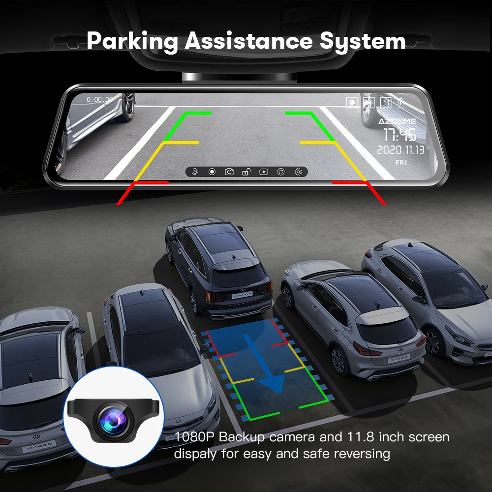 AZDOME Автомобильное Зеркало DVR GPS 1296P + 1080P Две камеры 11 8 дюймов сенсорный экран