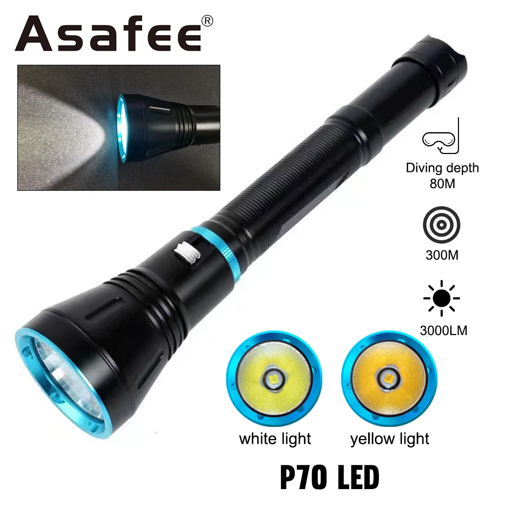 Asafee A16pro 80M Underwater Yellow Light XHP70 Diving Flashlight 3000 LM 300M Range Torch IPX8 Waterproof Dive Lightby 26650