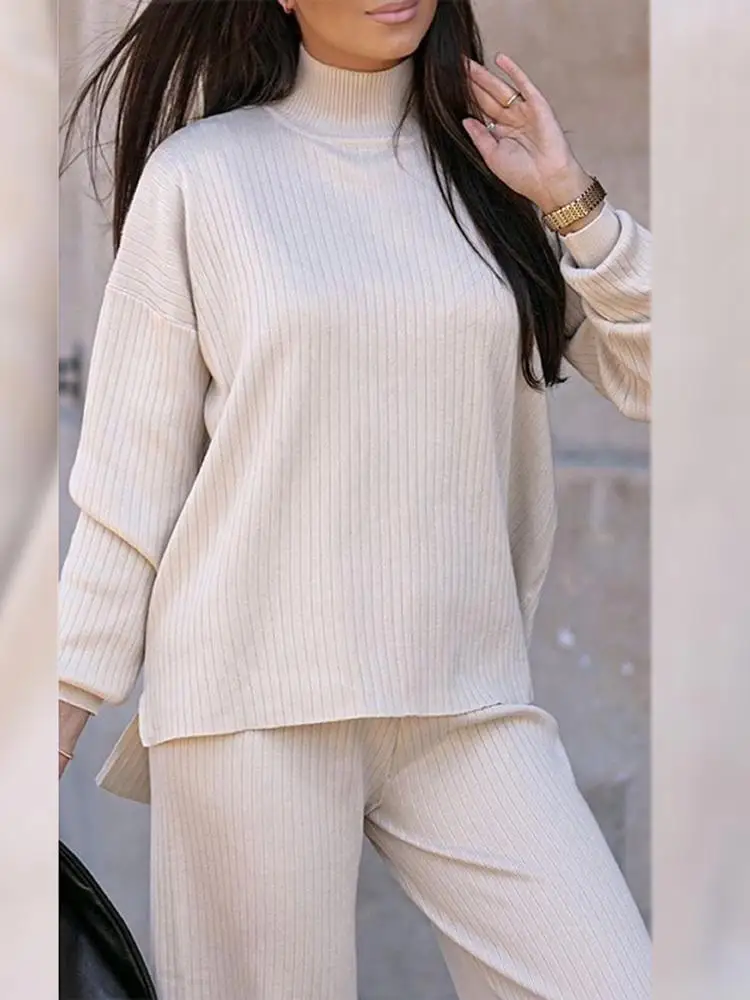 

Women Casual Knitted 2 Piece Sets ZANZEA Fashion Solid Wide Leg Pant Suit 2022 Spring Irregular Blouse Suit Oversized OL Outfits