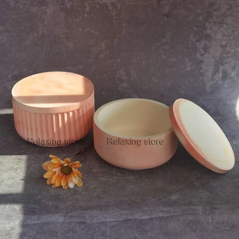 

Large Size Round Storage Box With Lid Concrete Candle Cup Silicone Mold Cement Flowerpot Planter Plaster Container Resin Mould