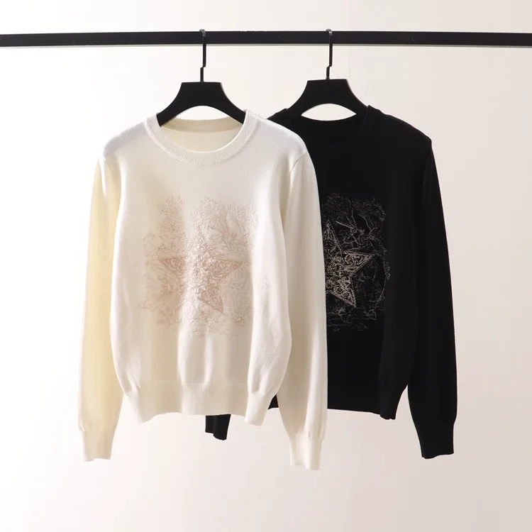 

Autumn Winter 2022 New Style Five Pointed Star Embroidery Pullover Knitwear Women Crew Neck Long Sleeve Female Underlay Sweater