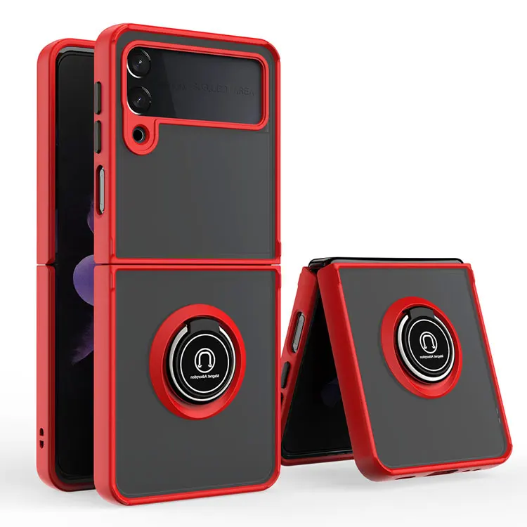 

Suitable For Samsung Z Flip4 Phone Case Z Flip3 Qiying Ring Holder Contrasting Button Folding Frosted Protective Case