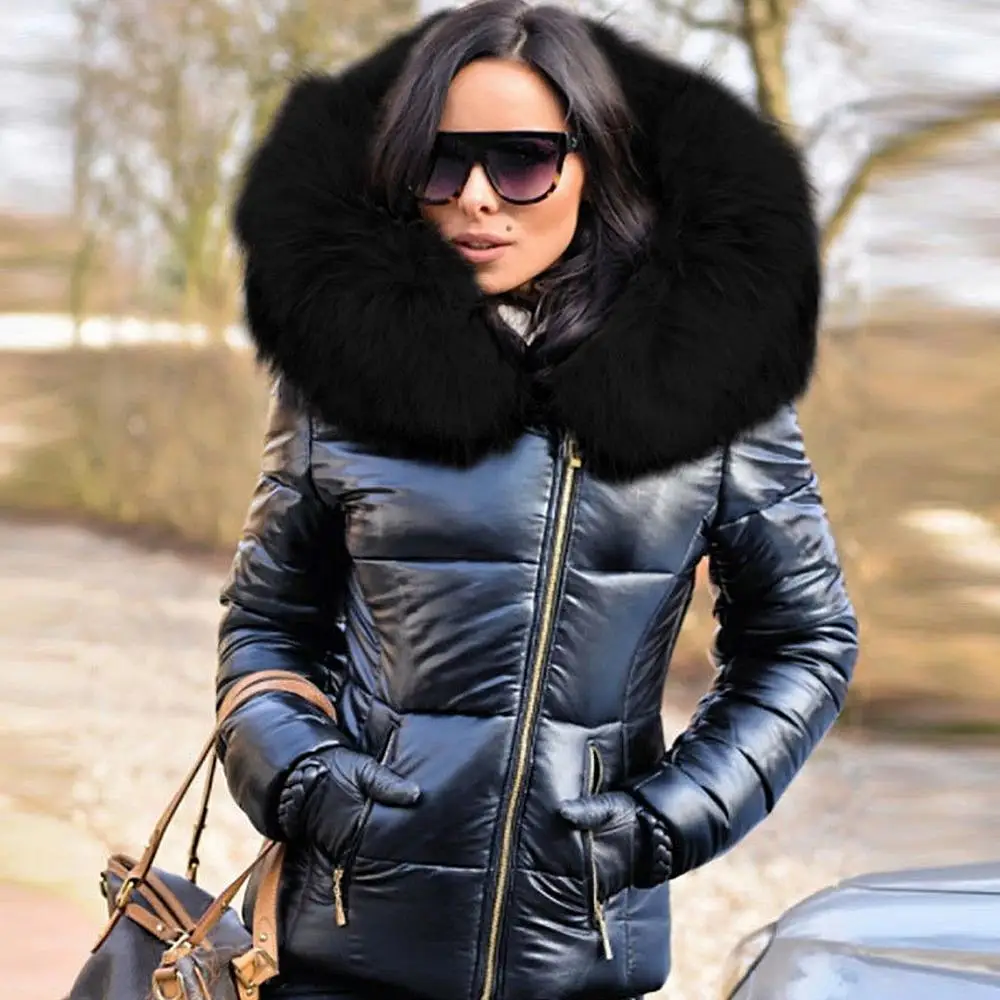2022 Thick Parkas Faux Fur Coats Women Long Sleeve Hooded Neck Zipper Button Large size Casual Female Outwear Warm Down Jacket