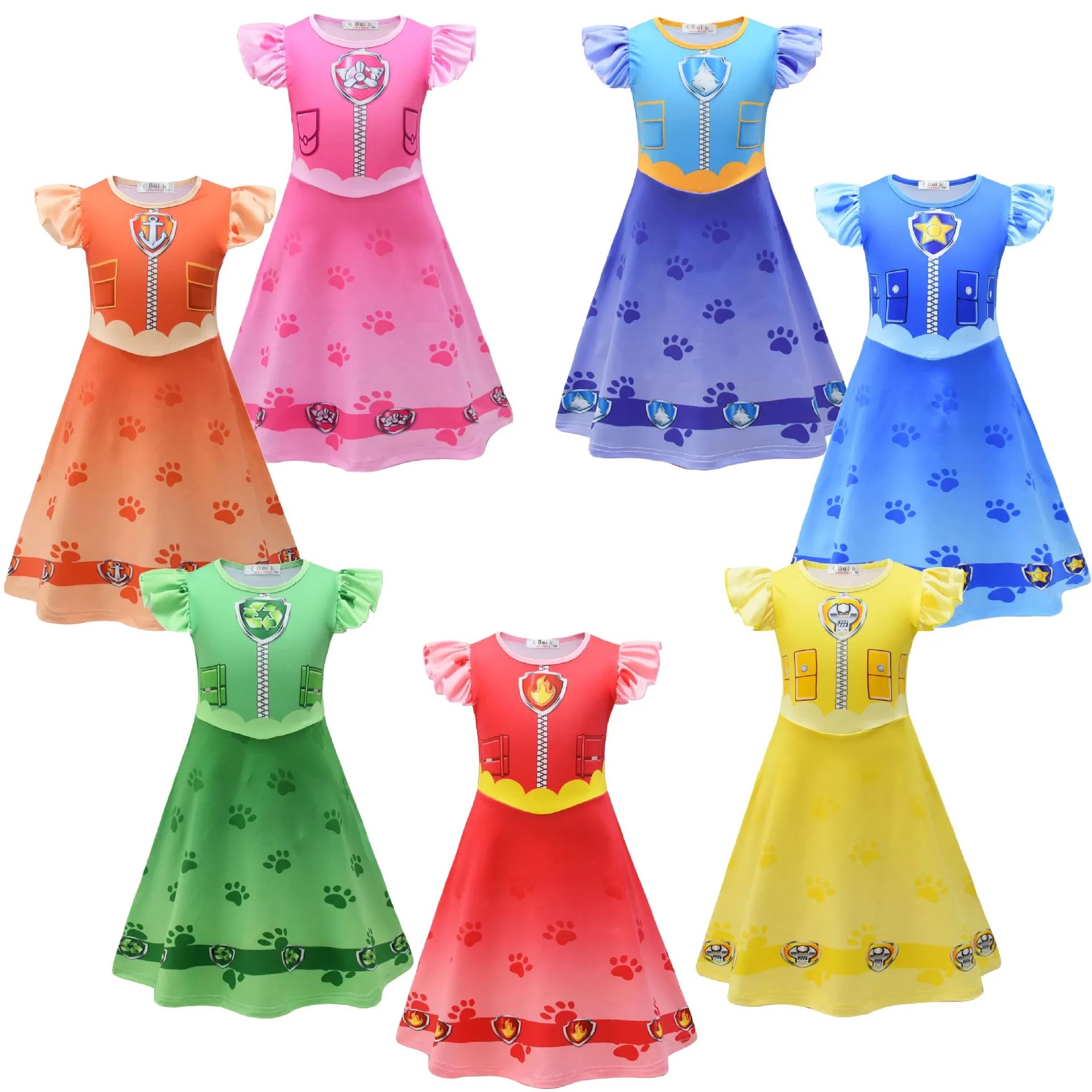 Kids Girls Anime Cartoon Police Dogs Print Princess Dress Outfit Christmas Role Play Halloween Cosplay Costume