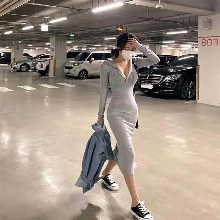 

Midi Vestido Longo Spring Korean Fashion Hooded Casual Women's Dresses Roupas Femininas V-Neck Robe Sexy Bodycon Dress Black
