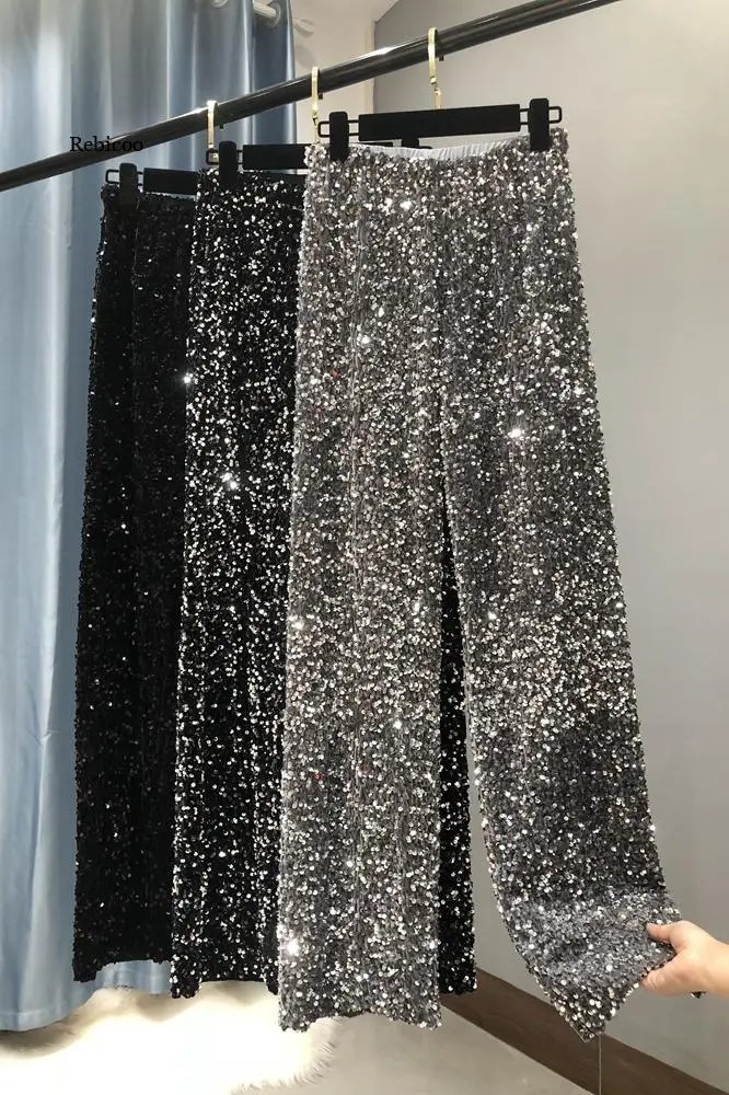 

Autumn and Winter Woman Thickening Velvet Sequined Wide-Leg Long Pants Draping Mopping Shiny Straight-Leg Trousers Women