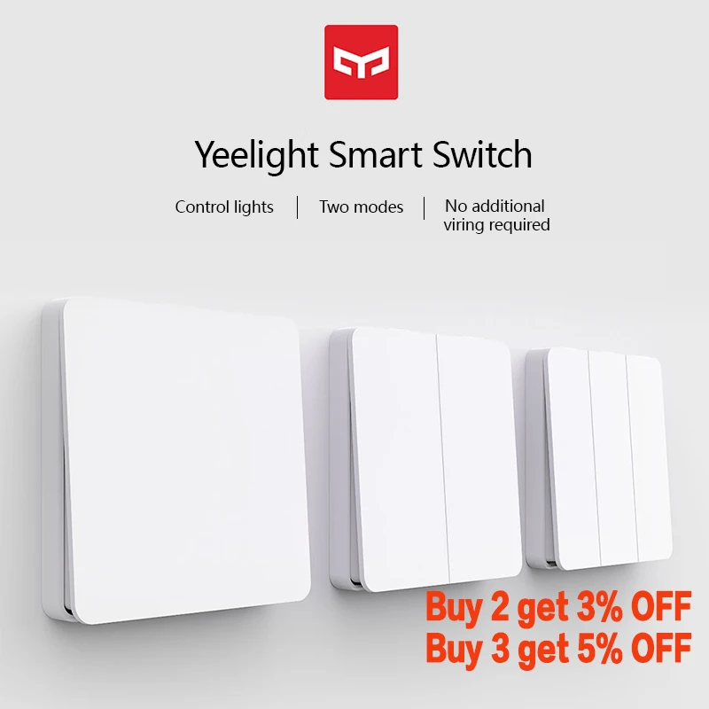 

Yeelight Slisaon Smart Wall Switch 250V 16A 1/2/3 Gang Button Panel Self-Rebound Design Support for Smart Lamp and Normal Light
