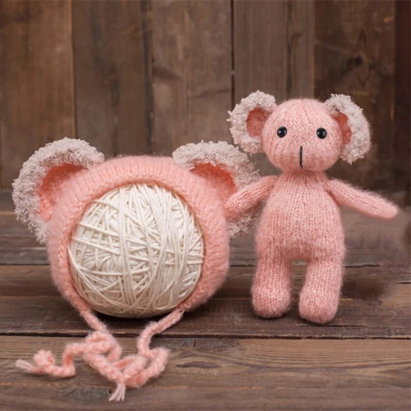 

2 Pieces Newborn Infant Knitted Beanie Hat with Stuffed Animal Koala for Doll Toy Set Baby Bonnet Cap Clothes Prop Drop Shipping