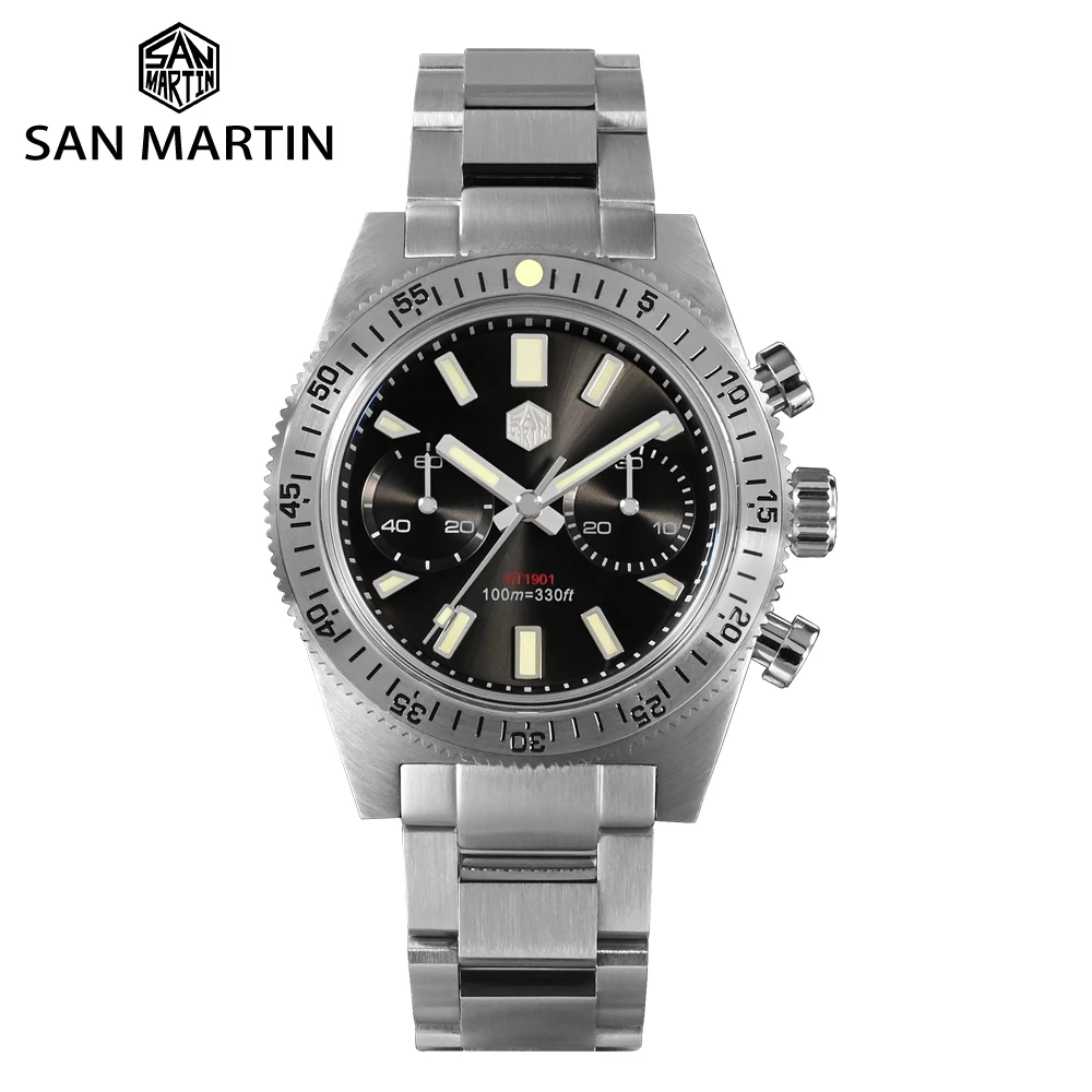 

San Martin Fashion Men Watch 62mas Chronograph 40mm Business Luxury Seagull ST1901 Manual Mechanical Sapphire 10Bar C3 Luminous