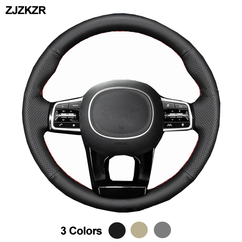 

Hand Sewing Car Steering-Wheel Cover Wrap For Kia Carnival IV 2021-2023 Volant Black Beige Dark Gray Leather Braid On Steering