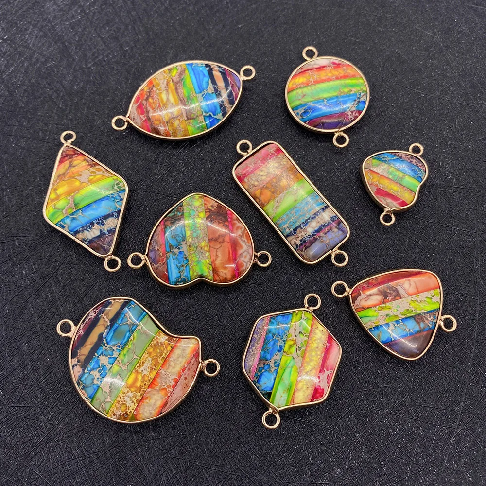 

Natural Stone Pendant Two Hole Round Heart Shape Colorful Seven Chakra Pendant Charm Fashion Earrings DIY Necklace Jewelry