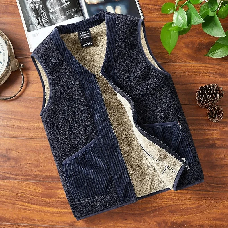 Vest For Men Jacket Thicke V-Neck Zipper Waistcoat Warm Pocket Sleeveless Chaleco Hombre Autumn Winter Solid Casual Gilets