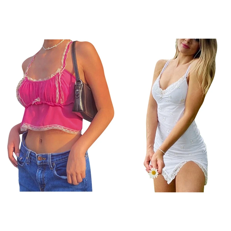 

Новинка-1 шт. Y2K Короткие топы без рукавов и 1 шт. кружевное платье с вышивкой S белого цвета