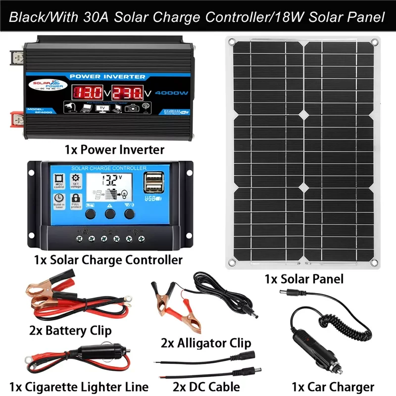 

NEW2023 110V/220V Solar Panel System 18V18W Solar Panel 30A Charge Controller 4000W Car Solar Inverter Kit Complete Power Genera