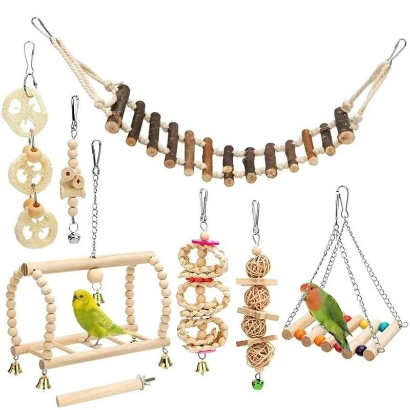 

8pcs Sets Bird Toys Parrot Swing Chewing Natural Wood Hanging Soft Ladder Bell Bird Cage Parrot Bird Toys For Cages Accessories