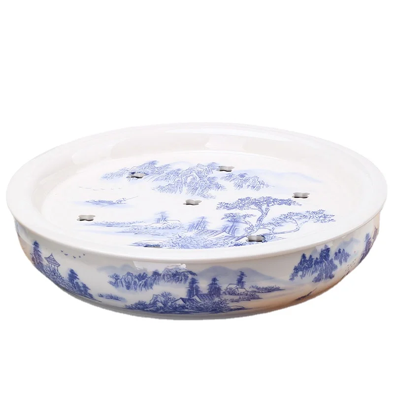 

Blue and White Porcelain Ceramic Tea Tray Household round Embedded Water Storage Dry Pour Tray Simple Tea Brewing Taiwan Sea