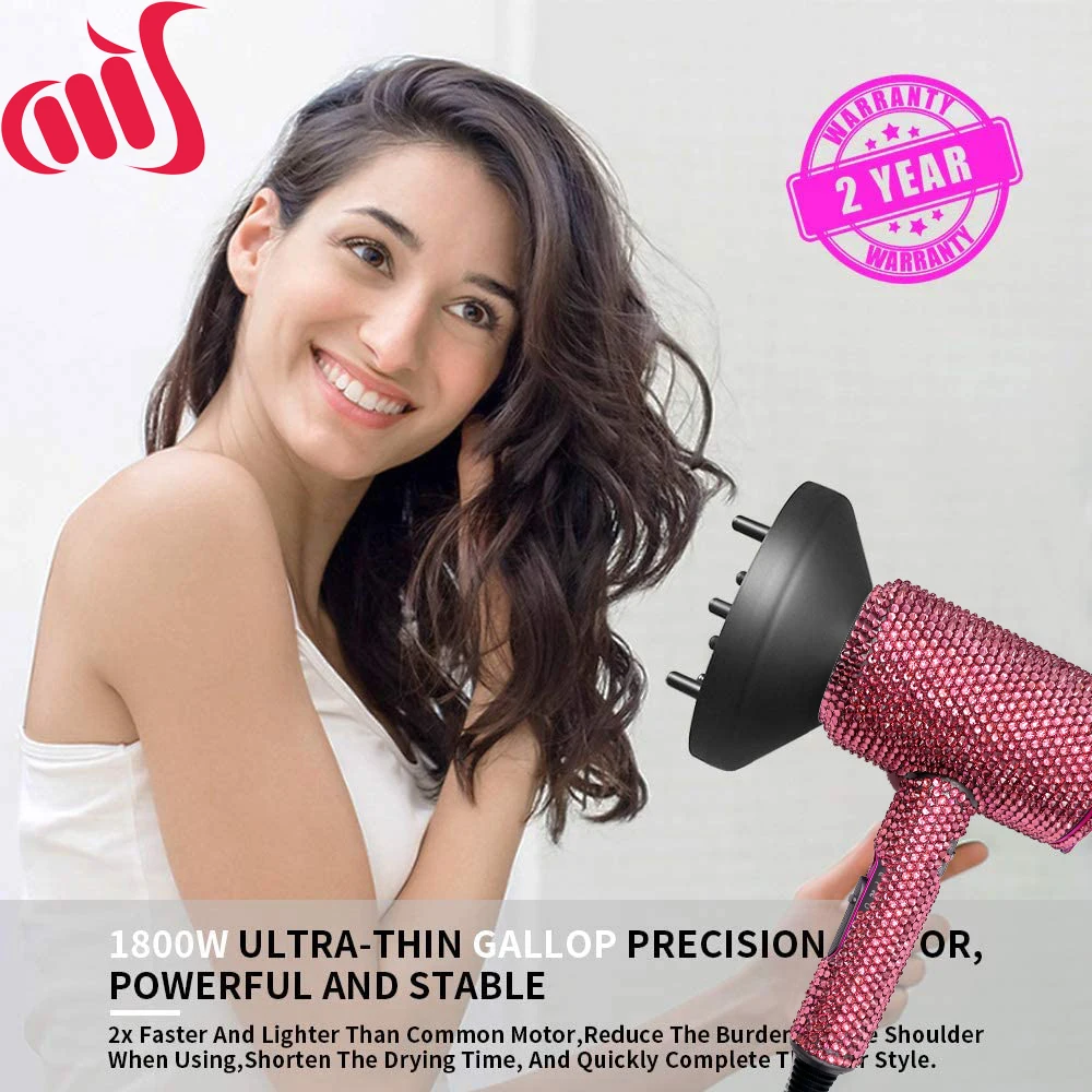 1800W Professional Hair Dryers With Bling Crystals Fast Heating Hot And Cold Adjustment Ionic Air Blow Dryer with Diffuser