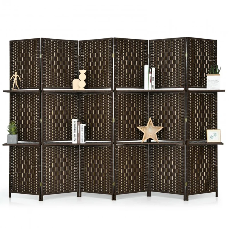 

6 Panel Folding Weave Fiber Room Divider 2 Display Shelves Sturdy High Quality Poplar Wood Multipurpose Foldable Room Dividers