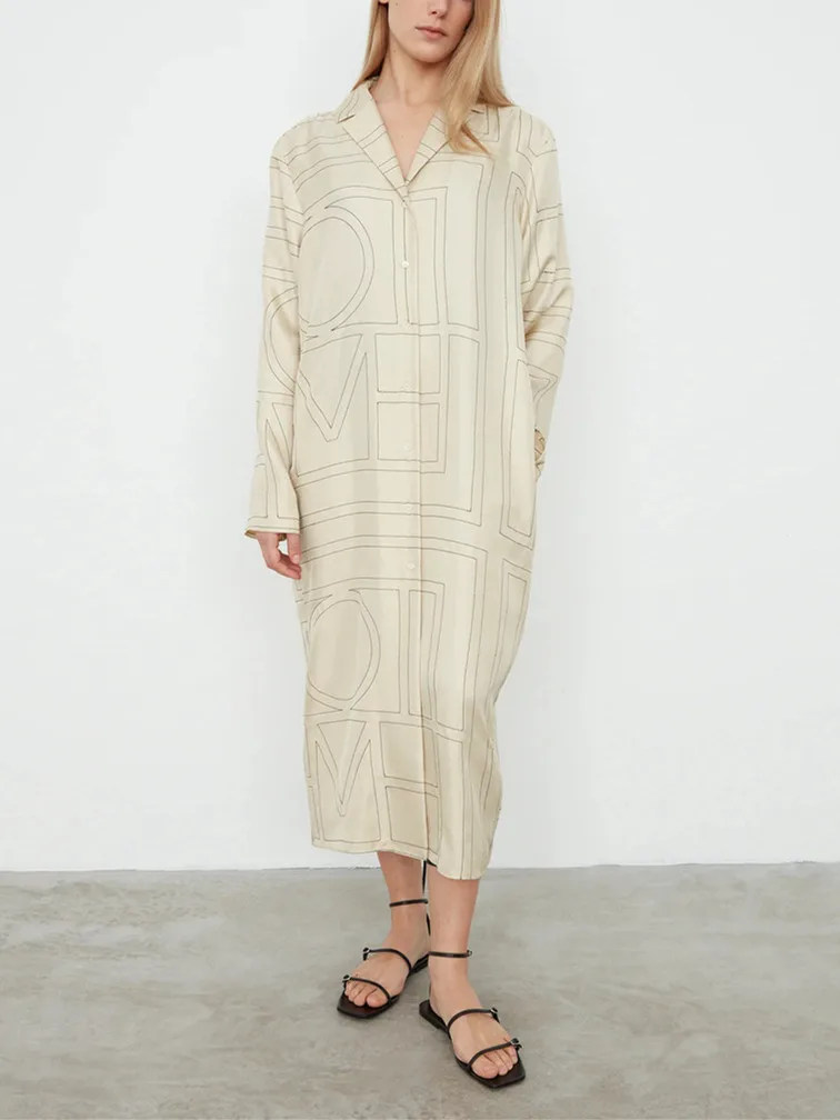 

Geometric Embroidered Women Loose Shirt dress Textured Straight Single Breasted Long Sleeve Female Pajama Style Dress
