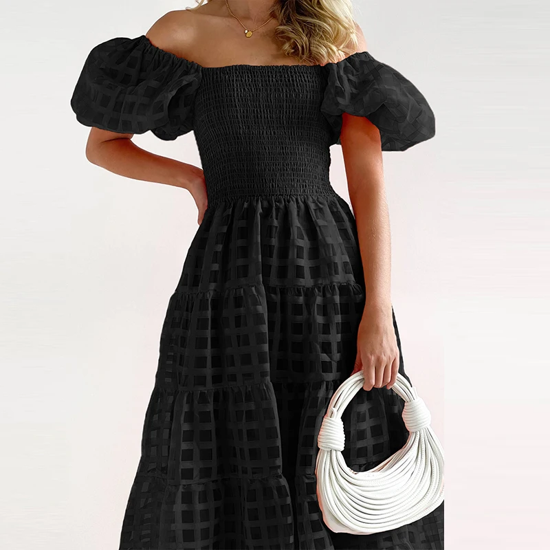 

Fashion Solid Color Backless Long Dress Summer Square Collar Bubble Sleeve Off Shoulder Dress Lady Sexy Hollow High Waist Dress
