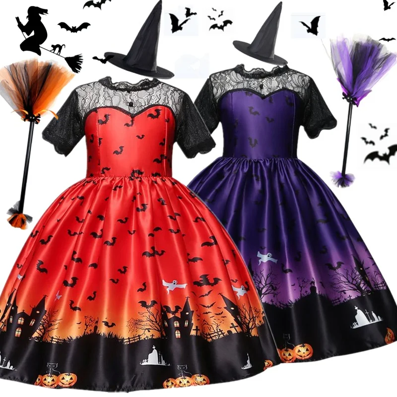 

Halloween Magic Witch Girls Costume Ghost Bat Dark Witch Carnival Party Cosplay Dress for 3-10 Years Kids Halloween Disfraz