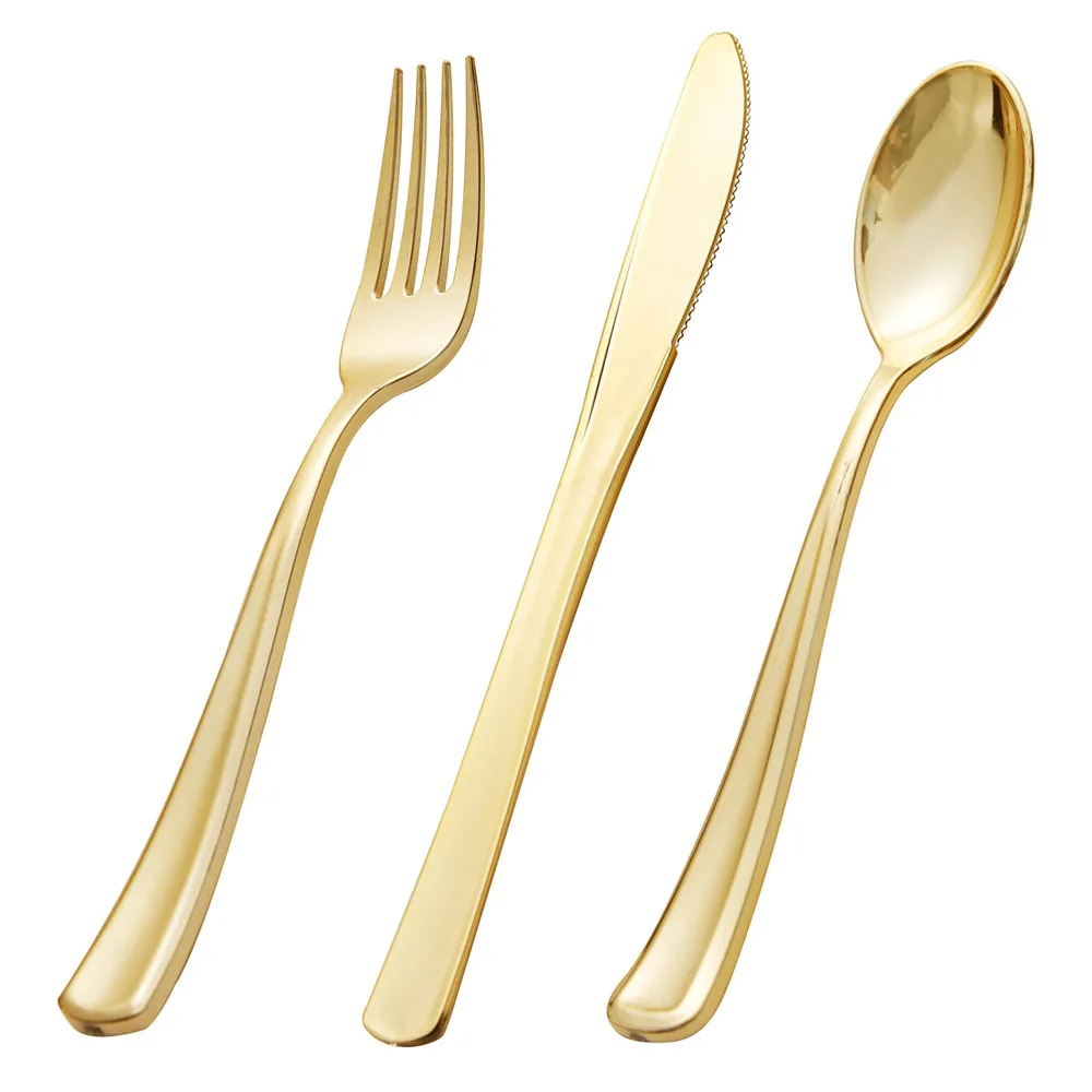 

60PCS Gold Plastic Silverware Plastic Cutlery Set Disposable Flatware Dinnerware Gold Forks Spoons Knives for Party Birthday Wed
