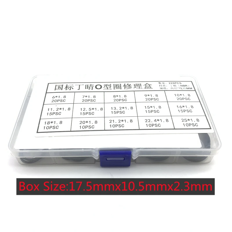

225pcs/Box Rubber O Ring Thickness 1.8 mm Assortment Black O-Ring Seals Set Nitrile Washers High Quality For Car Gasket 15 Sizes